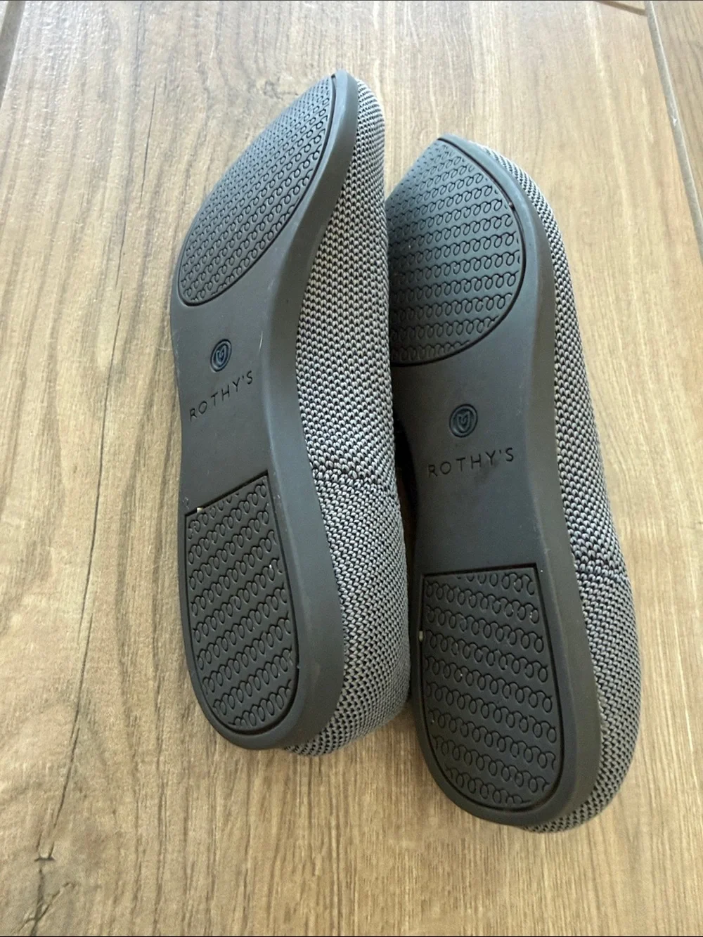 Rothy's Pointed Knit Flats in Gray with Blue Trim
